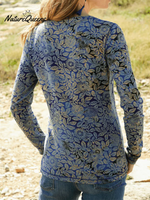 Women's Retro Floral Print Soft Stretch Henley Neck Top