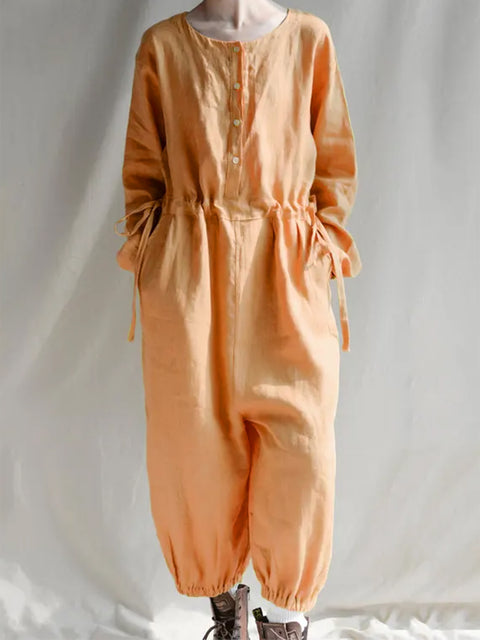 Women's Loose Waist Drawstring Organic Linen Jumpsuit