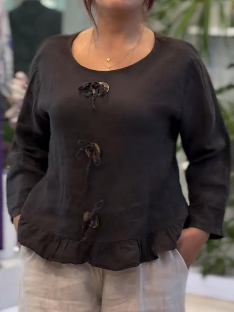 Button-decorated Ruffled Cotton and Linen Top