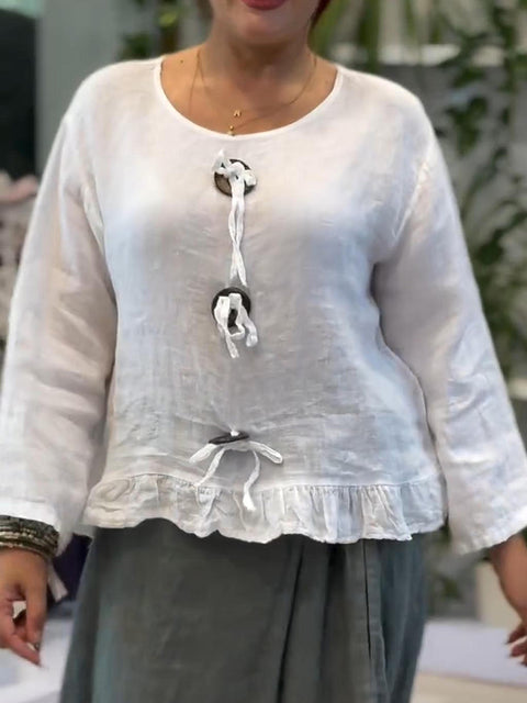 Button-decorated Ruffled Cotton and Linen Top