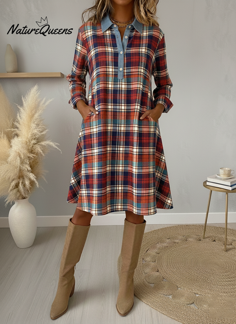 Retro Casual Denim Patchwork Plaid Print A-line Dress