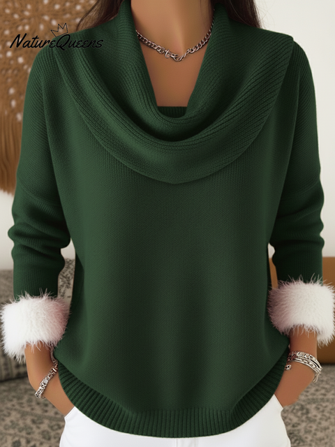 Elegant Cowl Neck Faux Rabbit Fur Cuffs Sweater Top