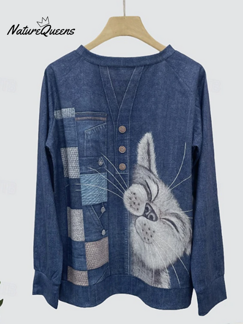 Funny Cat Print Patchwork Cotton Crew Neck Top