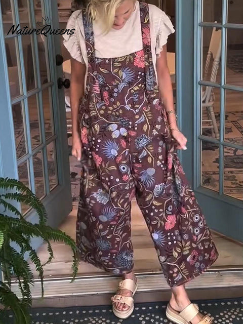 Women's Loose Floral Print Cotton Jumpsuit