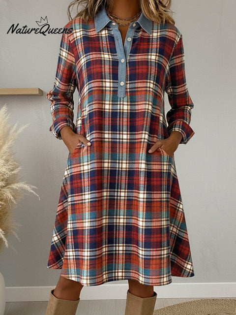 Retro Casual Denim Patchwork Plaid Print A-line Dress