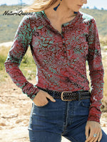 Women's Retro Floral Print Soft Stretch Henley Neck Top