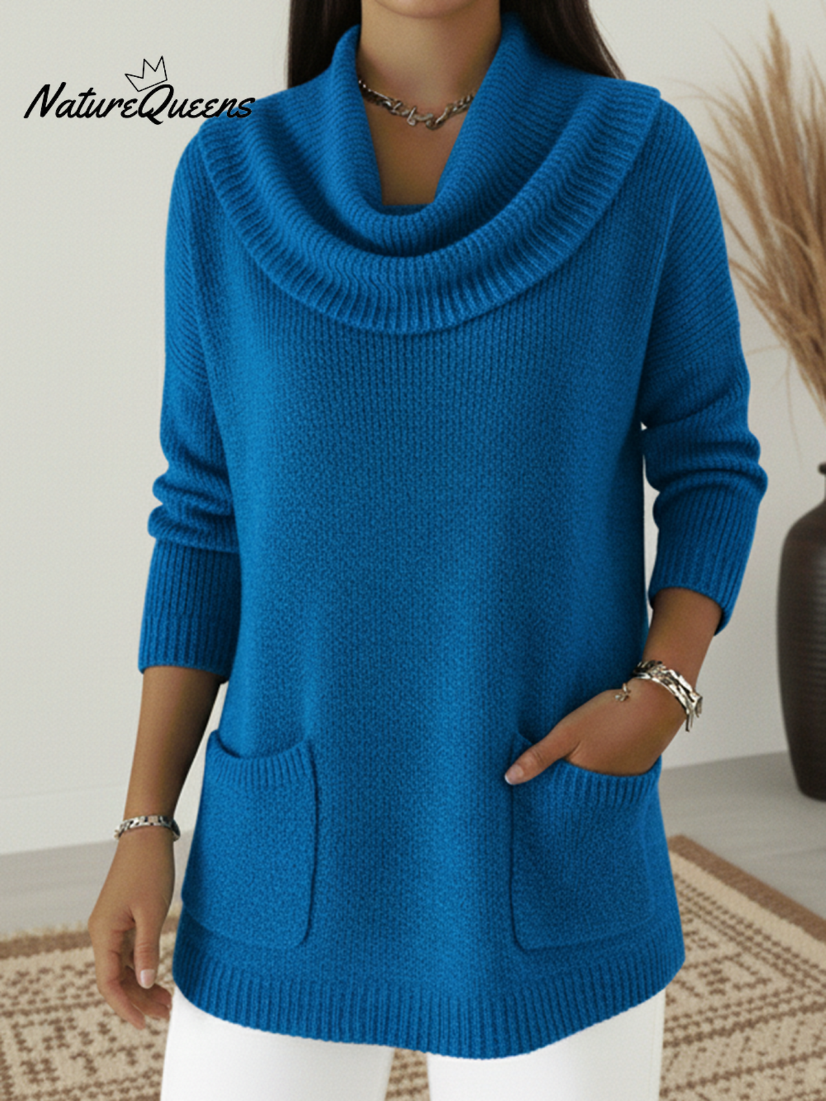 Cozy Loose Cowl Neck Knit Pocket Sweater Top