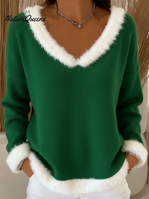 Cute Christmas V-neck Fur Collar Knitted Sweater Top