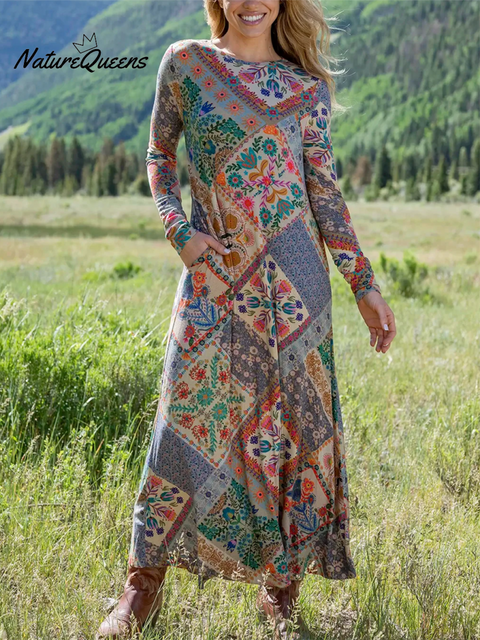 Women's Floral Plaid Patchwork Print Stretch Dress