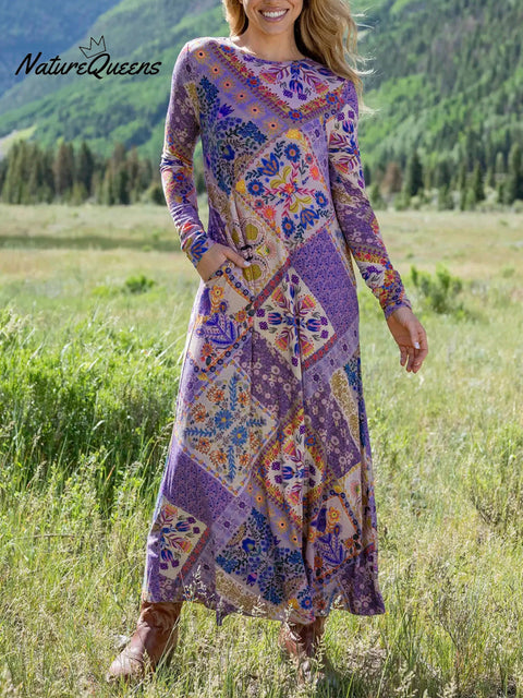 Women's Floral Plaid Patchwork Print Stretch Dress