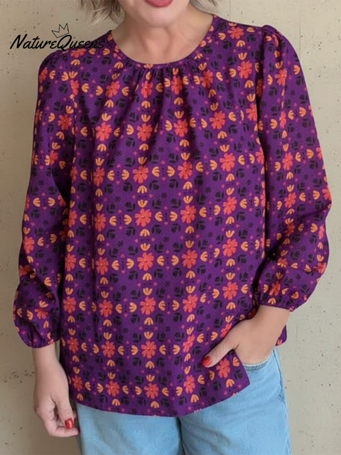 Women's Retro Bouquet Print Round Neck Cotton Top