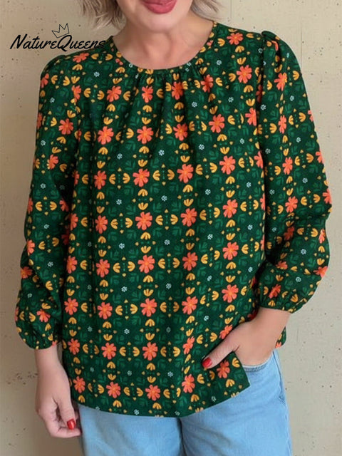 Women's Retro Bouquet Print Round Neck Cotton Top