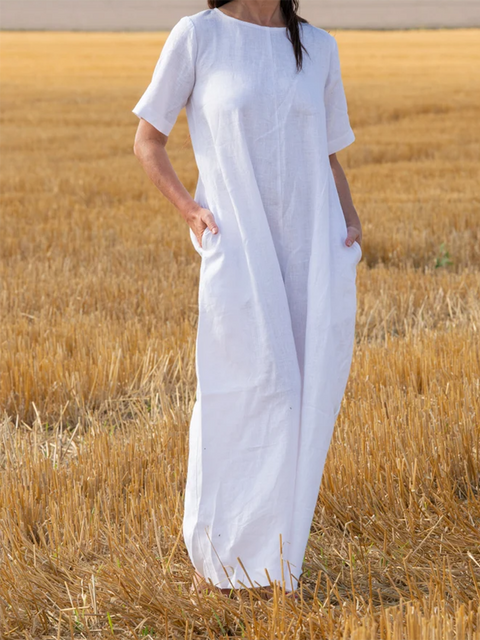 Women's Loose Pocket Cotton and Linen Jumpsuit