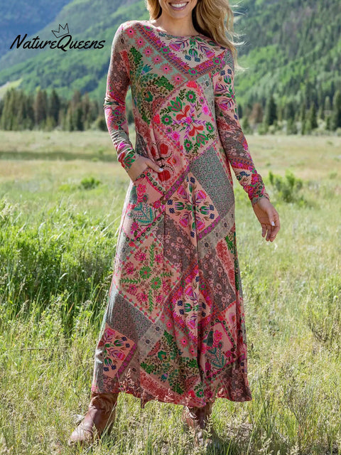 Women's Floral Plaid Patchwork Print Stretch Dress