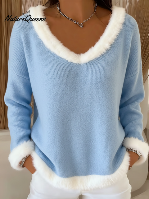 Cute Christmas V-neck Fur Collar Knitted Sweater Top