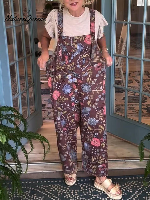 Women's Loose Floral Print Cotton Jumpsuit