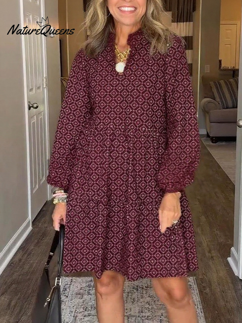 Women's Comfortable Prismatic Pattern Printed V-neck Cotton Dress