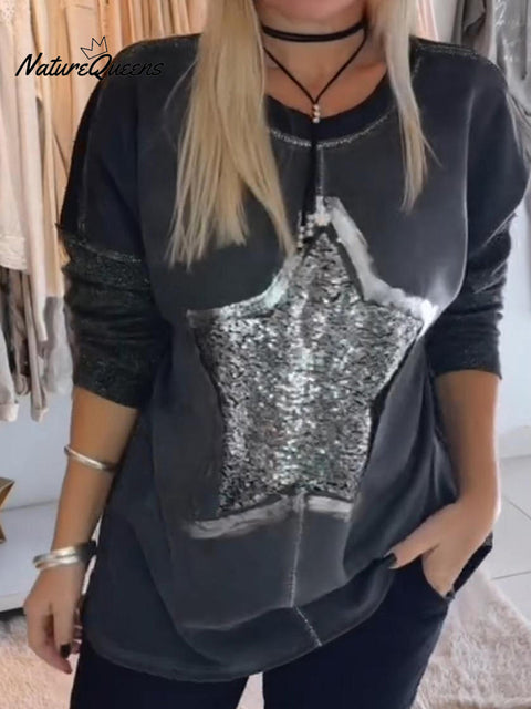 Women's Casual Star Print Distressed Pullover Sweatshirt