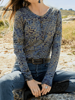 Women's Retro Floral Print Soft Stretch Henley Neck Top