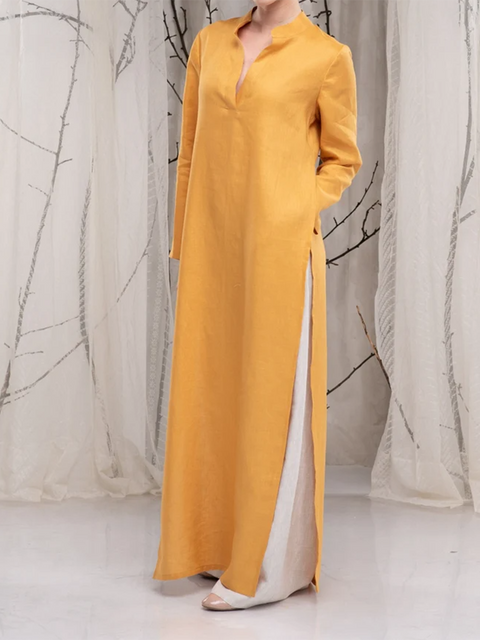 Women's Casual High Slit Cotton and Linen Dress