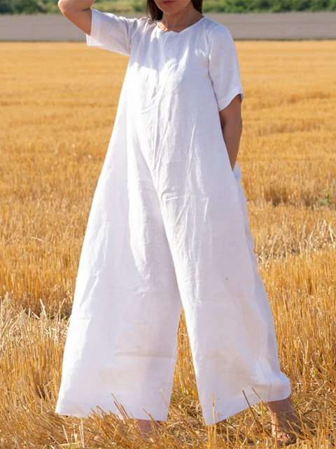 Women's Loose Pocket Cotton and Linen Jumpsuit