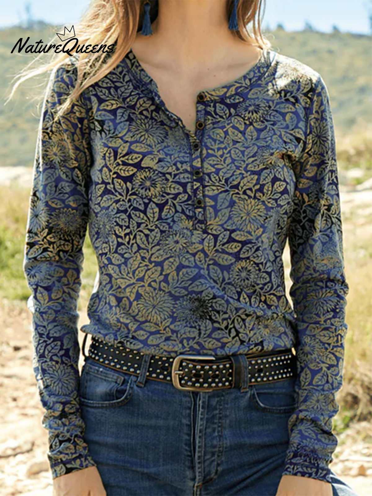 Women's Retro Floral Print Soft Stretch Henley Neck Top