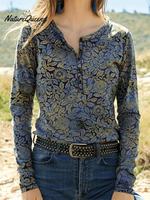 Women's Retro Floral Print Soft Stretch Henley Neck Top