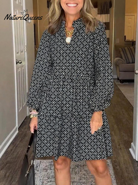 Women's Comfortable Prismatic Pattern Printed V-neck Cotton Dress