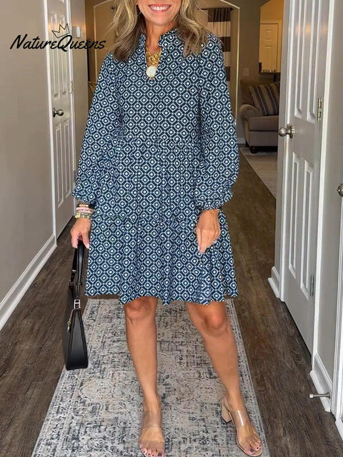Women's Comfortable Prismatic Pattern Printed V-neck Cotton Dress