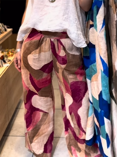 Color Block Print Elastic Waist Linen Trousers