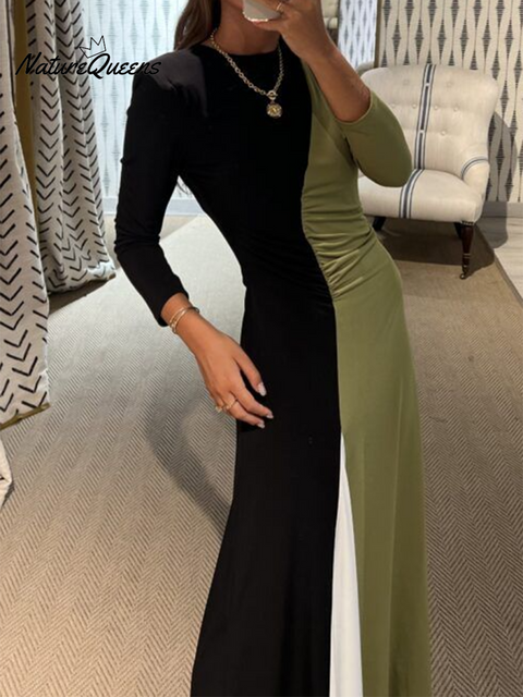 Women's Fashion Art Color Block Stitching Stretch Dress