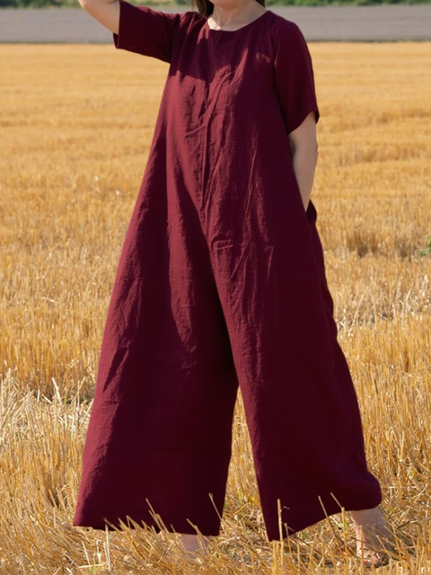 Women's Loose Pocket Cotton and Linen Jumpsuit