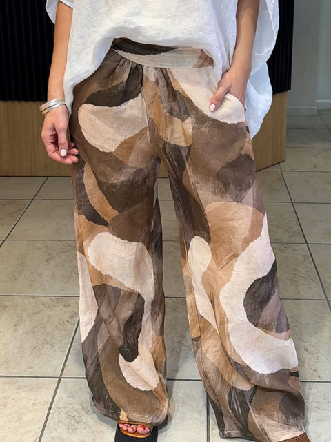 Color Block Print Elastic Waist Linen Trousers