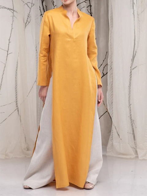 Women's Casual High Slit Cotton and Linen Dress