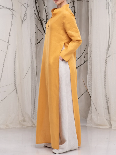 Women's Casual High Slit Cotton and Linen Dress