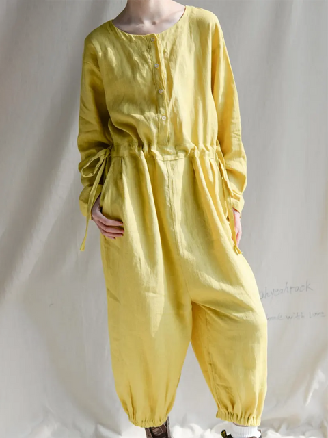 Women's Loose Waist Drawstring Organic Linen Jumpsuit