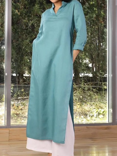 Women's Casual High Slit Cotton and Linen Dress