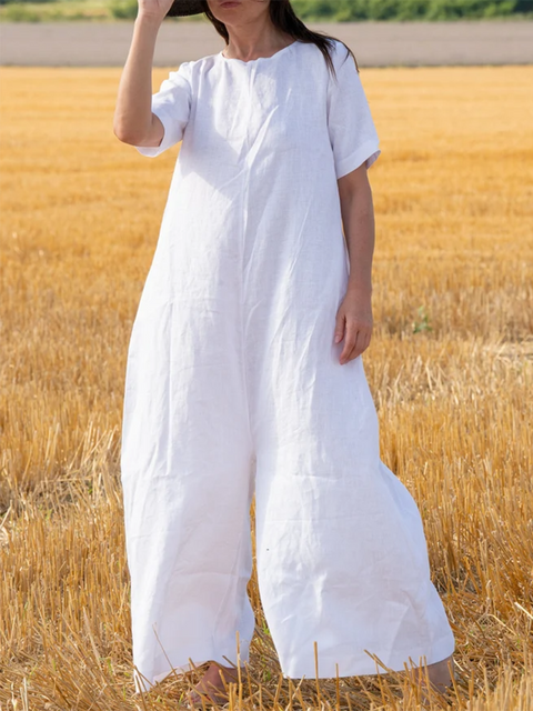 Women's Loose Pocket Cotton and Linen Jumpsuit