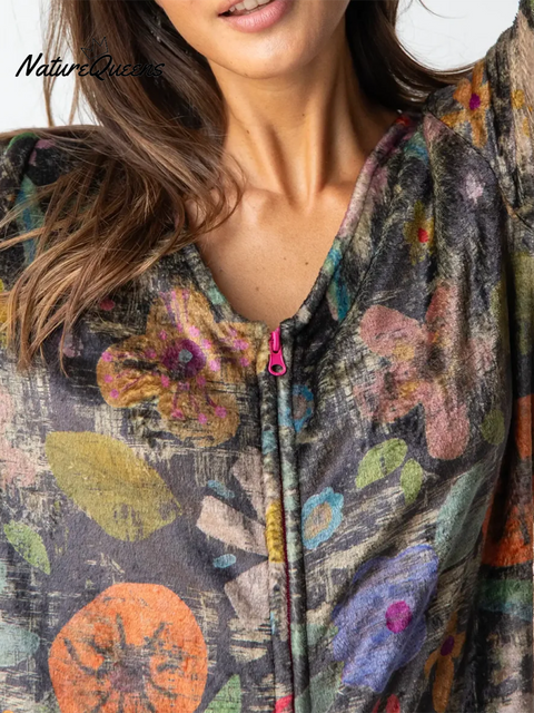 Soft and Comfortable Floral Print V-neck Zip-up Jumpsuit