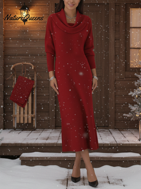 Women's Elegant Draped Collar Knitted Fishtail Midi Dress
