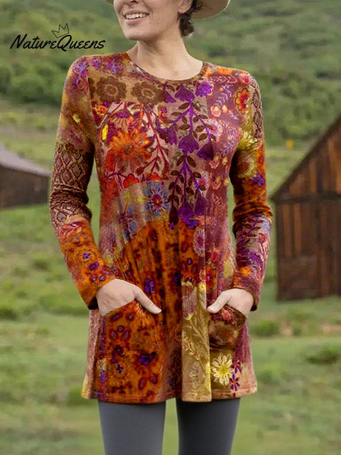Women's Boho Flower Stitching Print Pocket Stretch Top