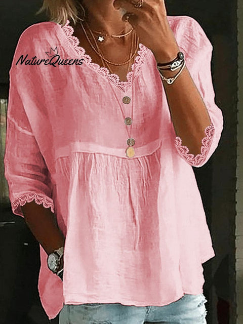 Casual three-quarter sleeve lace V-neck top shirt