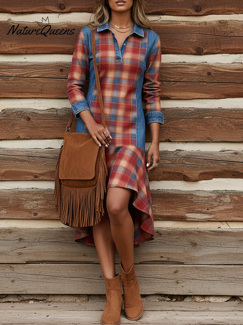 Denim Patchwork Plaid Print Ruffle Hem Midi Dress