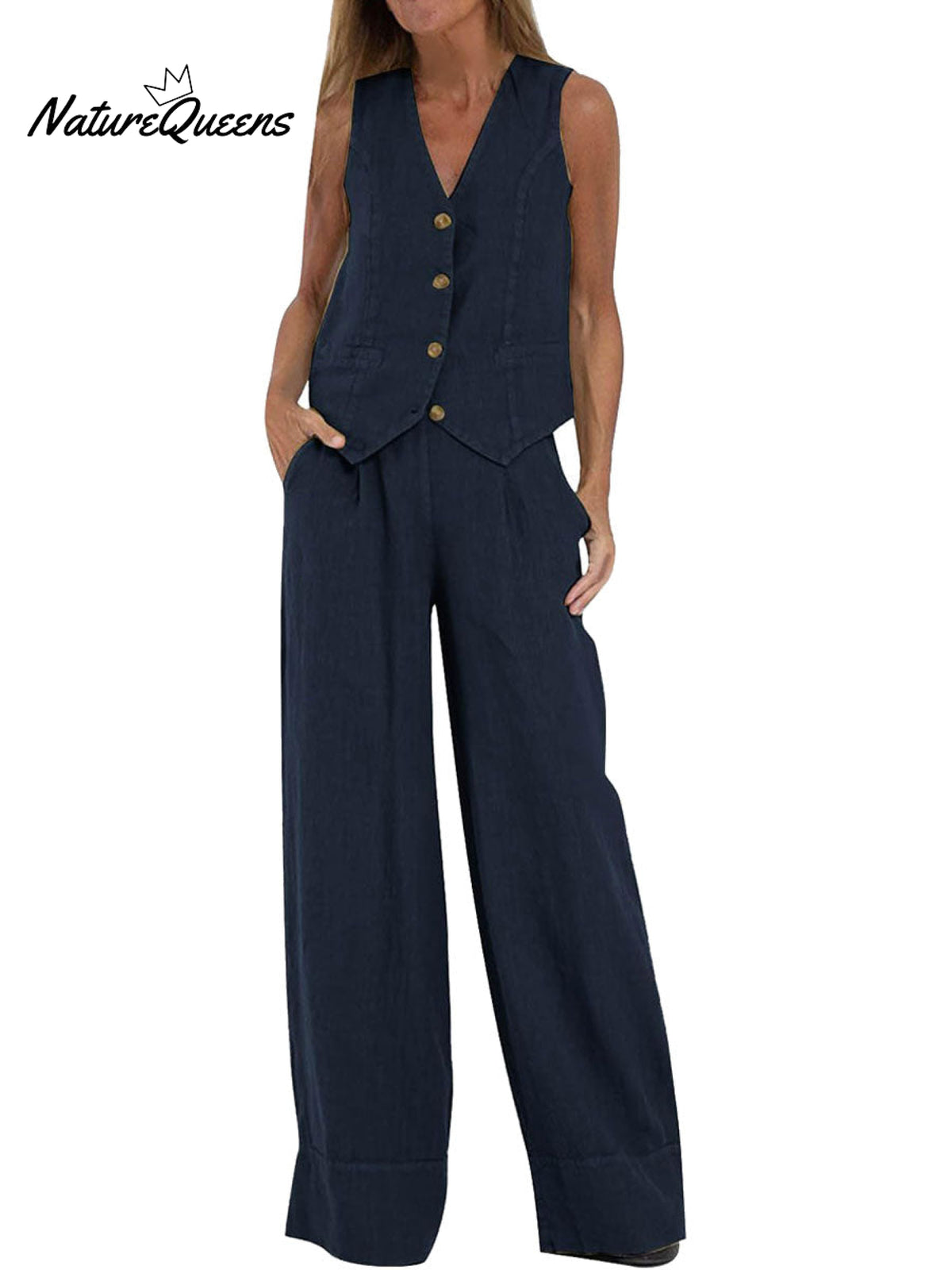 Women's Fashion Solid Color Vest Trousers Collage Stitching Cotton and Linen Casual Suit