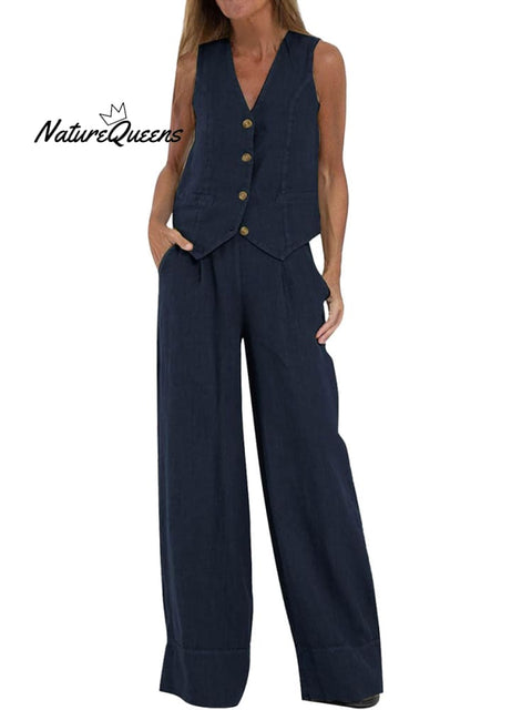 Women's Fashion Solid Color Vest Trousers Collage Stitching Cotton and Linen Casual Suit