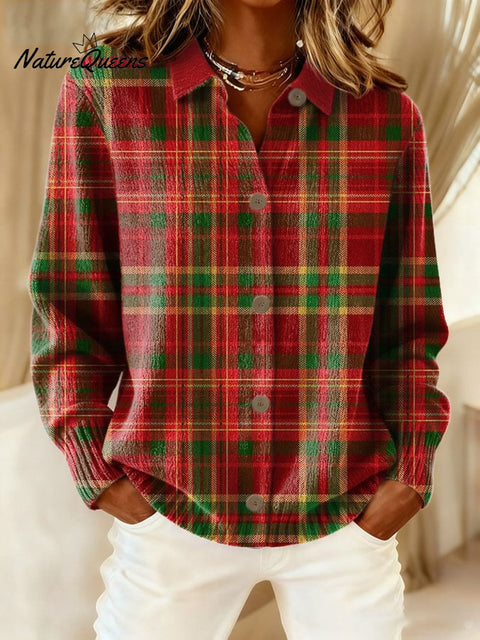 Women'S Plaid Print Casual Collared Knit Top