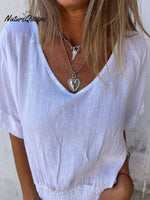 V-Neck Cotton-Linen Smocked Hem Tops (Buy 2 Free Shipping)