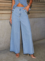 Denim Button Sleeveless Vest & Wide Leg Jeans 2Pcs Set