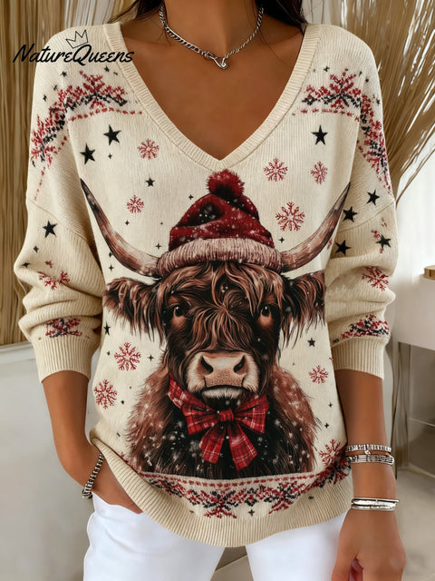 Women's Winter Christmas West Highland Calf Print V-Neck Top