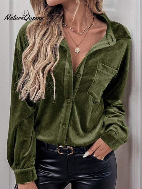 Women'S Casual Lapel Long-Sleeved Velvet Top